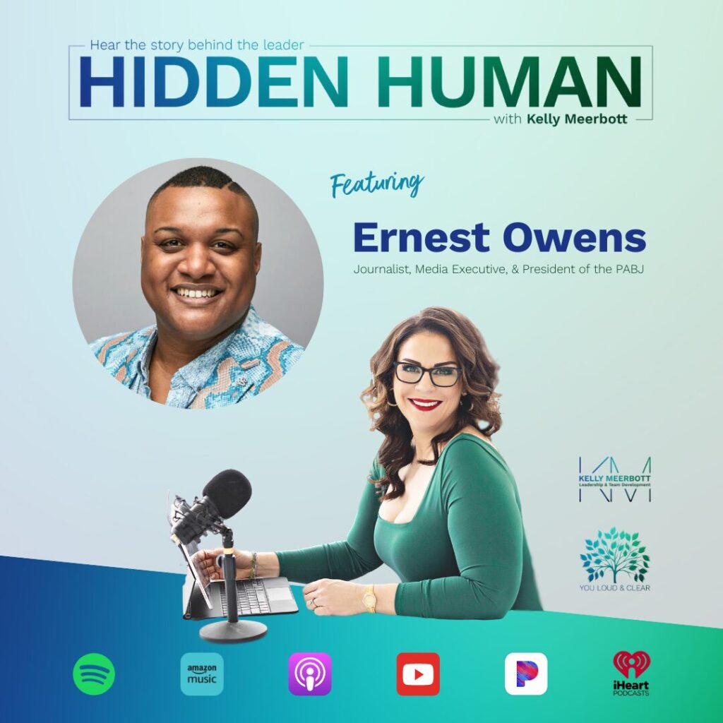 Ernest Owens, author of Cancel Culture and journalist joins Kelly Meerbott on her podcast Hidden Human. Image shows image of Ernest in a circle, with Kelly seated at a desk with a microphone.