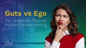 Guts Over Ego: The Leader’s Playbook for Bold Decision-Making. Image shows skeptical woman looking up at text.